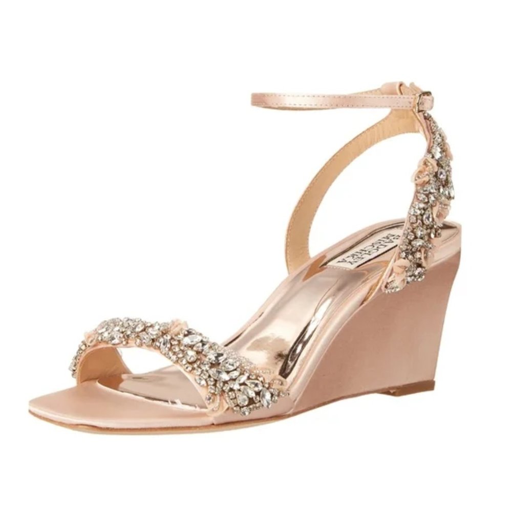 Badgley Mischka Size 10 Pink Satin Jeweled Wedges Dress Sandals Heels Shoes